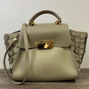 Zac Posen Earth-Tone Floral Appliqué Top Handle Satchel